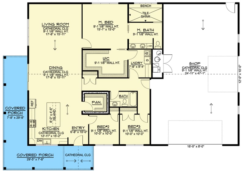 Plan 135407GRA: Modern Barndominium House Plan with Wrap-Around Porch and Workshop - Floor Plan - Main Level - Barndominium, Country, Craftsman, New American, Traditional