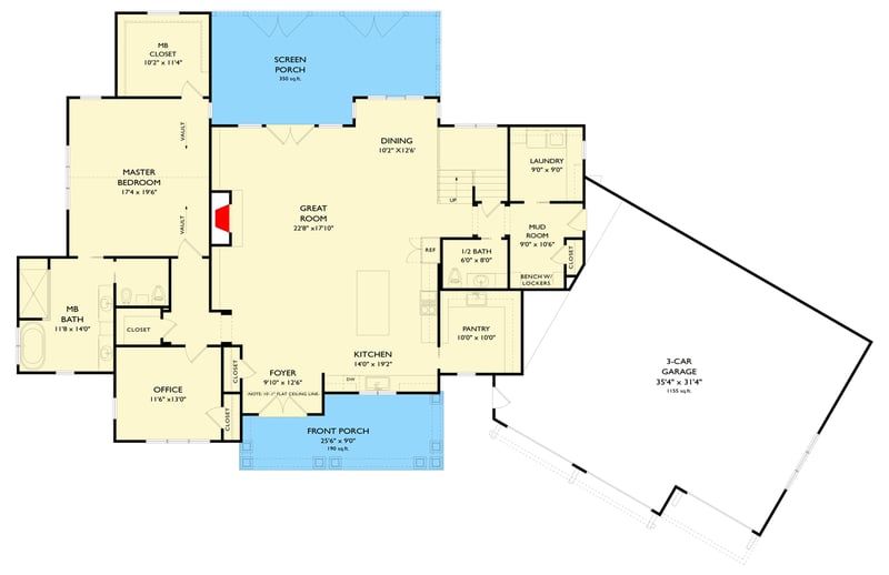 Plan 750011LDG: Modern Farmhouse House Plan with Main-Level Master and Two-Story Great Room - Floor Plan - Main Level - Hill Country, Modern Farmhouse, Mountain, Rustic