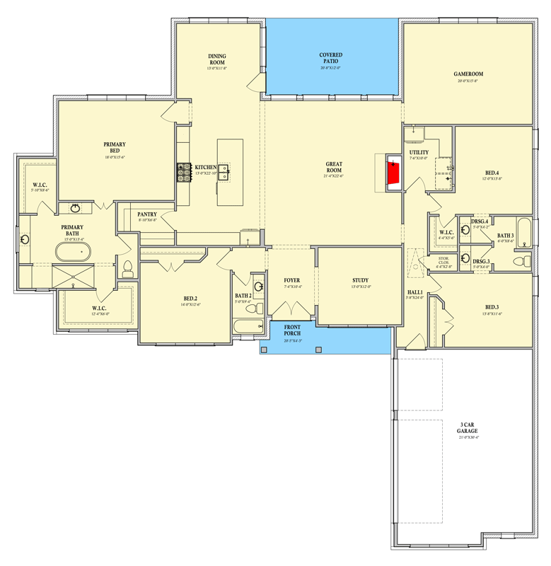 Plan 440045PWL: Modern Transitional 4-Bed House Plan with Gameroom, Study, and Butler Pantry - Floor Plan - Main Level - Contemporary, Modern, Transitional