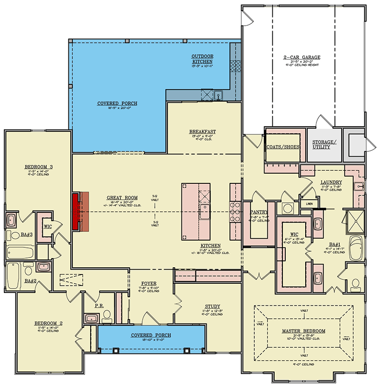 Plan 12341JL: Modern 3-Bedroom House Plan with Outdoor Kitchen and Two-Story Great Room - Floor Plan - Main Level - Modern