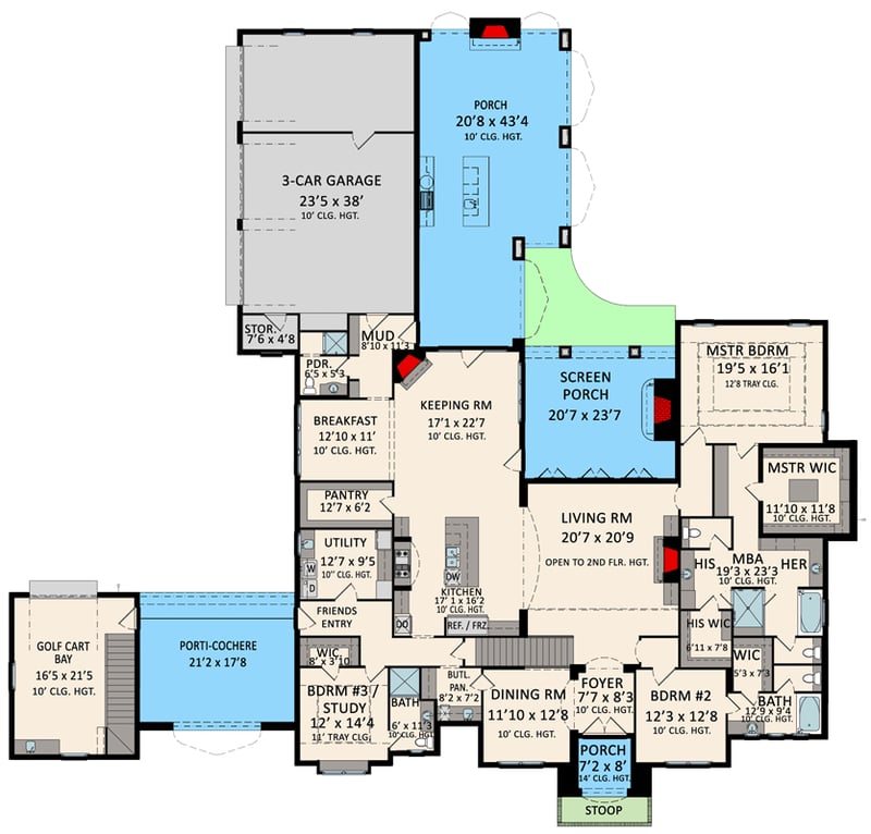 Plan 510263WDY: Grand French Country House Plan with Porte Cochere and 5 Suites - Floor Plan - Main Level - European, French Country, Transitional