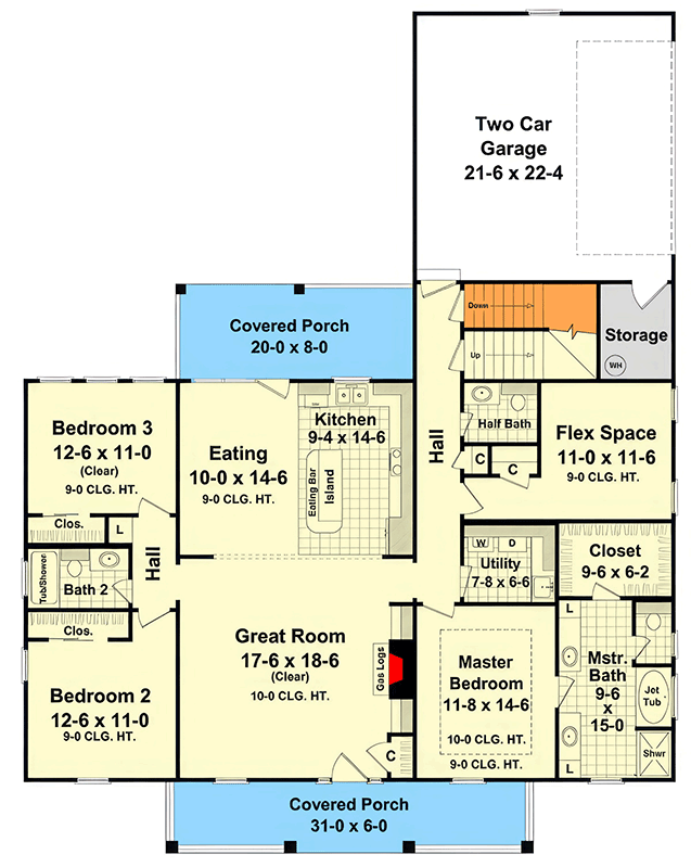 Plan 51358MM: 3-Bedroom Country Farmhouse House Plan with Bonus Room and Side-Entry Garage - Floor Plan - Main Level - Country, Farmhouse