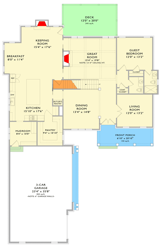 Plan 750015LDG: Elegant 5-Bed, 5.5-Bath Transitional House Plan with 3-Car Courtyard Garage - Floor Plan - Main Level - Traditional, Transitional