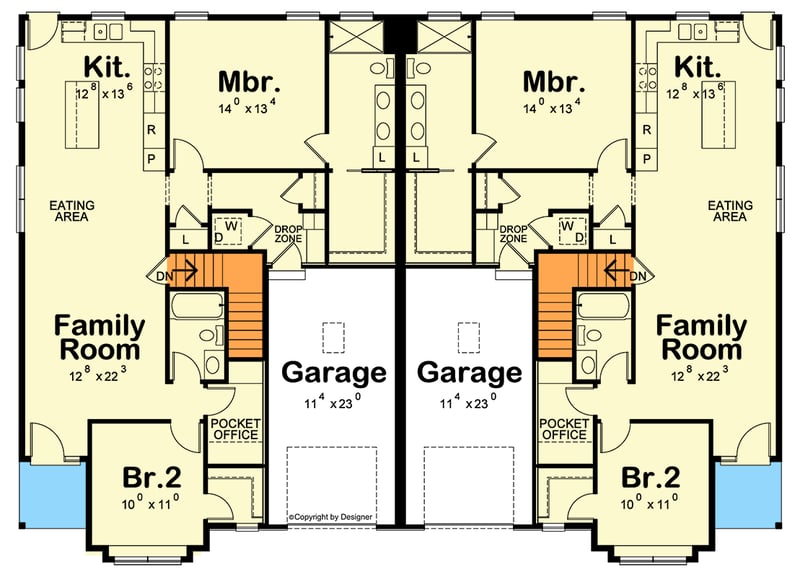 Plan 42486DB: Modern Craftsman Duplex House Plan with Split Bedrooms and Home Office - Floor Plan - Main Level - Craftsman, Farmhouse, Modern, New American, Ranch