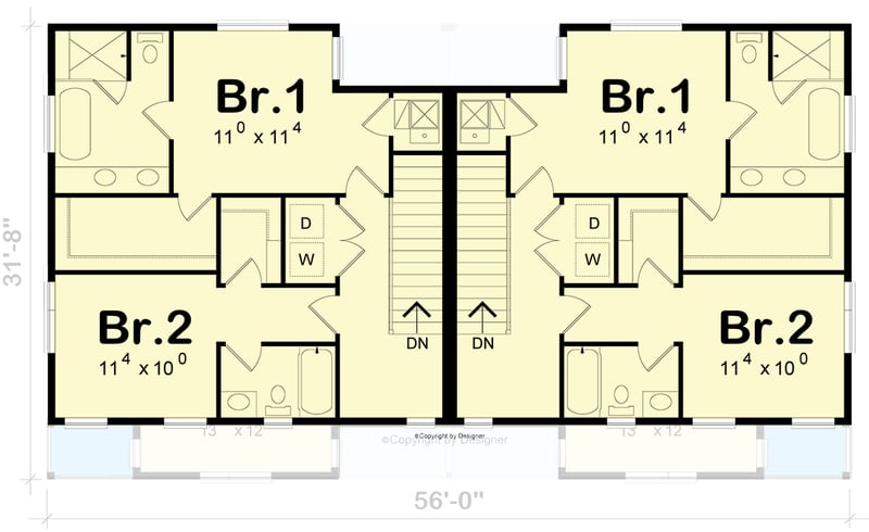 Plan 42487DB: Modern Duplex House Plan with 6 Beds and 4 Car Drive-Under Garage - Floor Plan - 2nd Floor - Contemporary, Modern