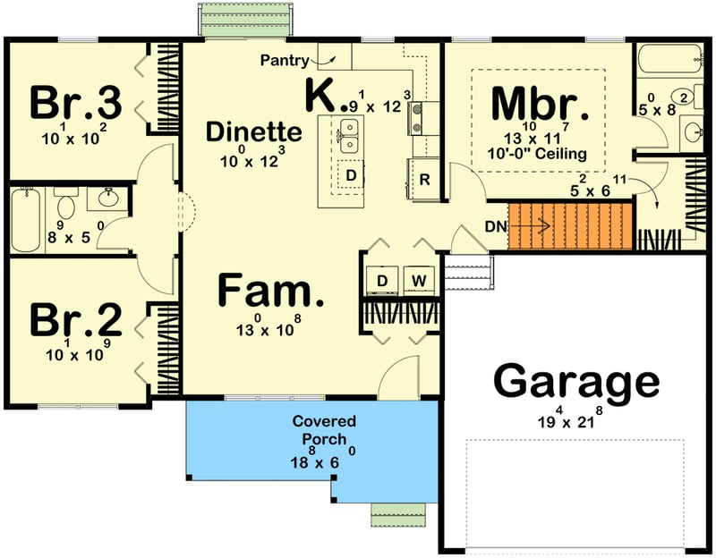 Plan 623597DJ: Ranch House Plan with Split Bedrooms and Main Level Laundry - Floor Plan - Main Level - Country, Ranch, Traditional