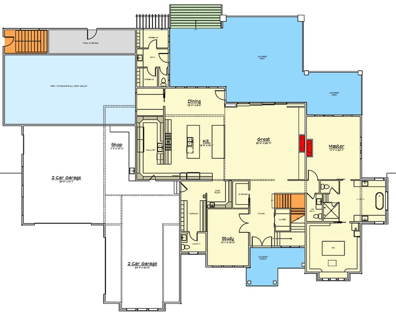 Plan 910123WHD: 6-Bedroom Modern Farmhouse House Plan with Sport Court and 4-Car Garage - Floor Plan - Main Level - Modern Farmhouse, New American, Transitional