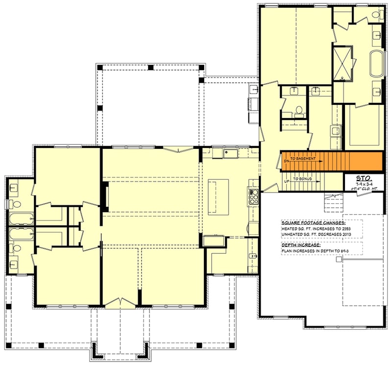 Plan 52027HZ: Transitional Southern Farmhouse House Plan with Outdoor Kitchen and Bonus - Floor Plan - Basement Stairs Location - Southern, Southern Traditional, Transitional