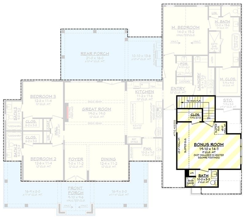 Plan 52027HZ: Transitional Southern Farmhouse House Plan with Outdoor Kitchen and Bonus - Floor Plan - Optionally Finished Bonus Room - Southern, Southern Traditional, Transitional