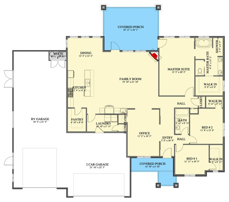 Plan 61703UT: Single-Story Craftsman House Plan with 4-Car RV Garage and Office - Floor Plan - Main Level - Craftsman, Traditional