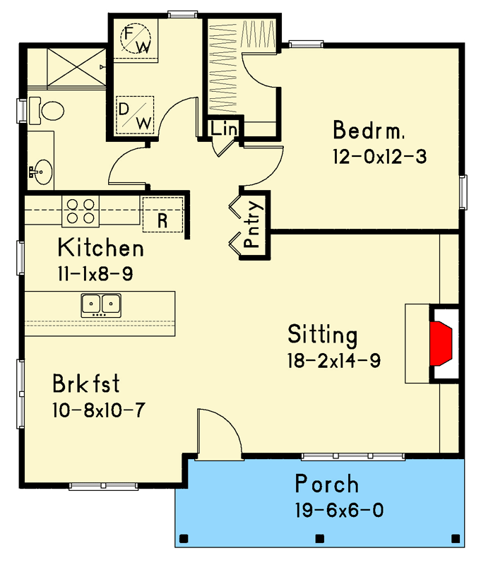 Plan 22022SL: Intimate Cottage Plan with Covered Porch, Fireplace, and 1 Bed - Floor Plan - Main Level - Cottage, Vacation