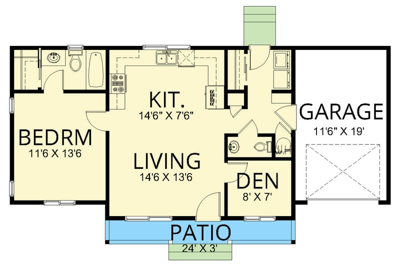 Plan 267098SPK: Charming 1-Bedroom Coastal Cottage House Plan with Den and Garage - Floor Plan - Main Level - Coastal, Cottage, Craftsman, Modern Farmhouse, Traditional