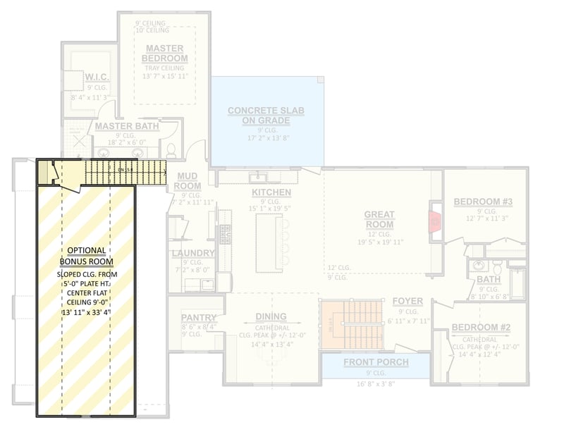 Plan 911065JVD: Transitional Farmhouse Ranch Plan with Split Bedrooms and 3-Car Garage - Floor Plan - Optional Finished Bonus Room - Cottage, Farmhouse, Ranch, Transitional