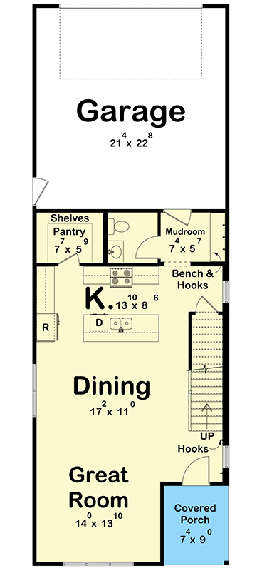 Plan 623598DJ: Narrow Transitional Townhouse Plan: 3 Beds, 2-Car Garage, Upstairs Laundry - Floor Plan - Main Level - Farmhouse, Modern, Modern Farmhouse, Traditional, Transitional