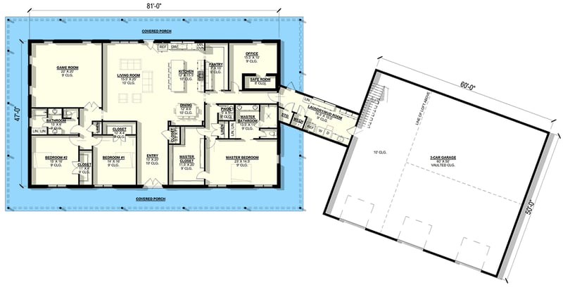 Plan 405096FDC: Spacious Barndominium House Plan with Wrap-Around Porch and Angled 3-Car Garage - Floor Plan - Main Level - Barndominium, Farmhouse
