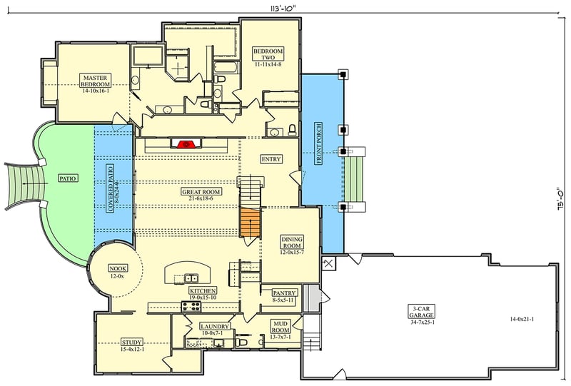 Plan 95351RW: Grand 4-Bedroom Modern Transitional House Plan with Two-Story Great Room - Floor Plan - Main Level - Modern, Transitional