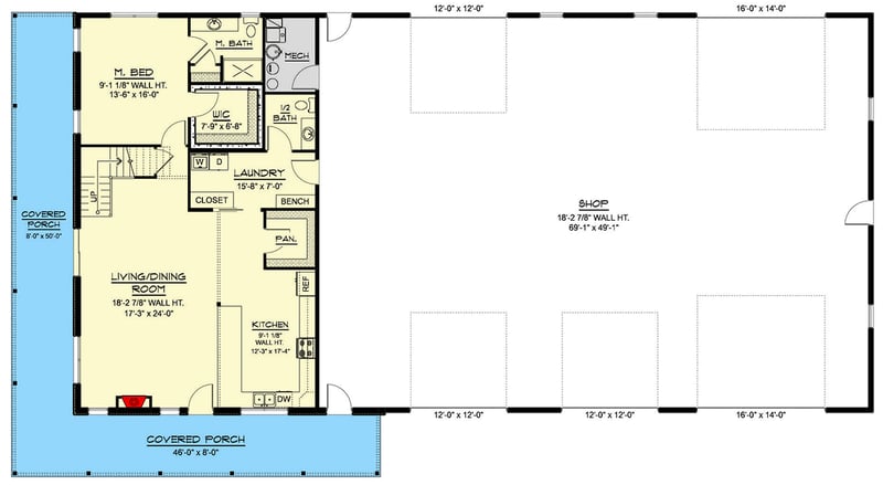 Plan 135411GRA: Spacious Barndominium House Plan: 4-Car Garage, Workshop, Wrap-Around Porch - Floor Plan - Main Level - Barndominium, Country, Farmhouse