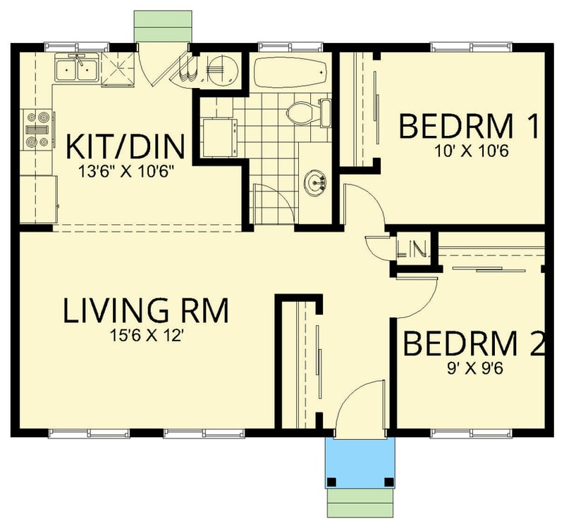 Plan 267100SPK: 2-Bedroom Cottage House Plan with Efficient Layout and Main-Level Laundry - Floor Plan - Main Level - Cottage, Ranch, Traditional