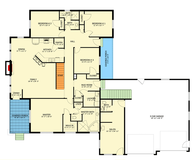Plan 61710UT: Four Bedroom Traditional Plan with Salon and Spacious Family Room - Floor Plan - Main Level - Craftsman, Ranch, Traditional
