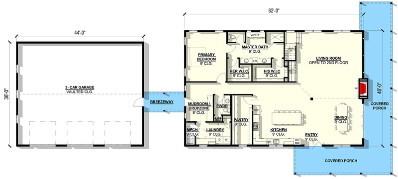 Plan 405098FDC: 5-Bedroom Modern Barndominium House Plan with Wrap-Around Porch - Floor Plan - Main Level - Barndominium, Modern Farmhouse
