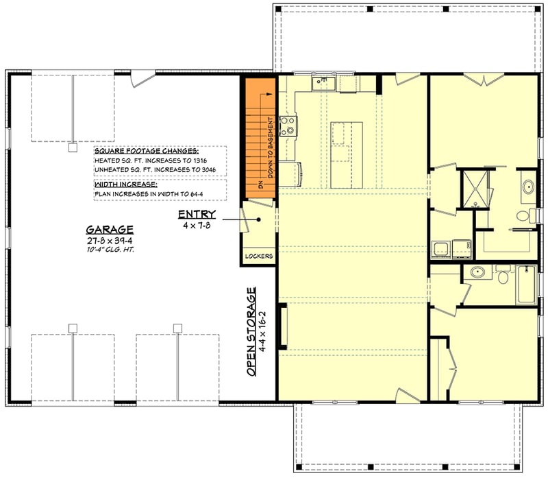 Plan 52028HZ: 1280 Sq Ft Modern Barndominium House Plan with Split Beds and 2-Car Garage - Floor Plan - Basement Stairs Location - Barndominium, Modern Farmhouse, Traditional