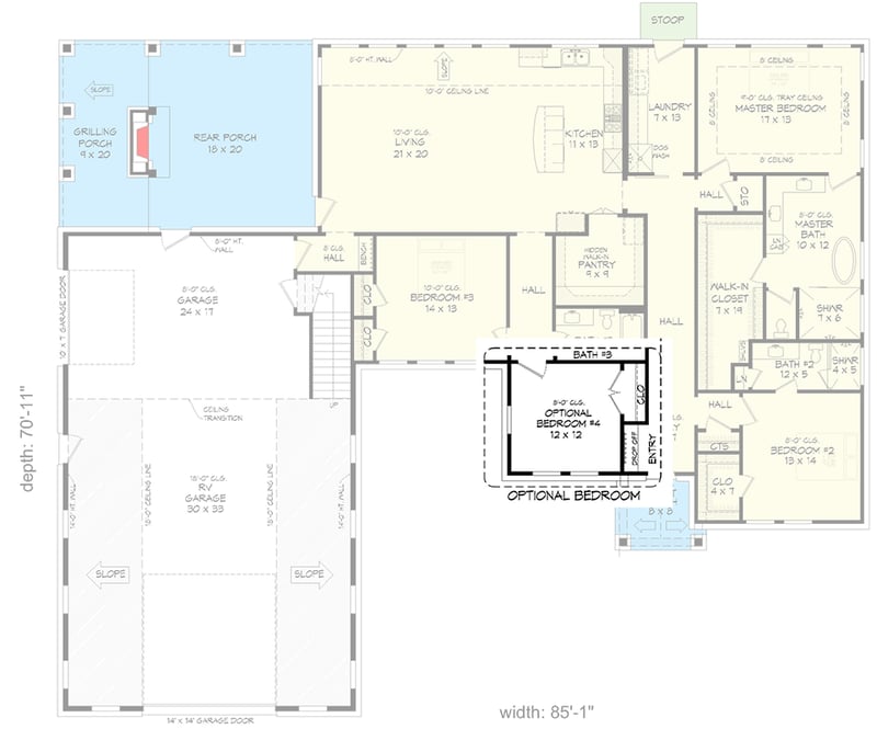 Plan 680658VR: 4-Bedroom Modern Barndominium House Plan with Expansive RV Garage - Floor Plan - Main Level - Flex Room Option - Barndominium, Country, Ranch