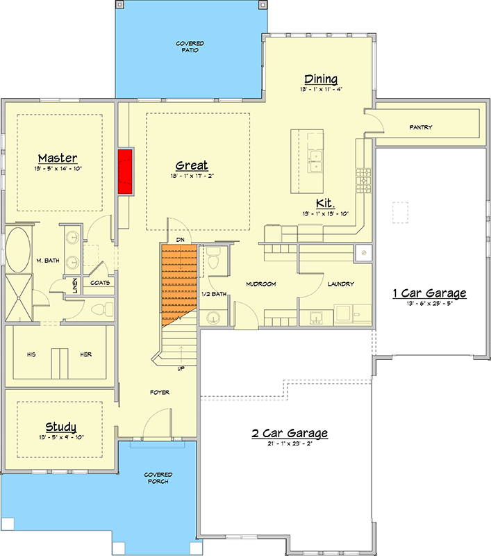 Plan 910134WHD: Contemporary Craftsman House Plan with 4 Beds and Two Story Great Room - Floor Plan - Main Level - Contemporary, Craftsman, Mid Century Modern