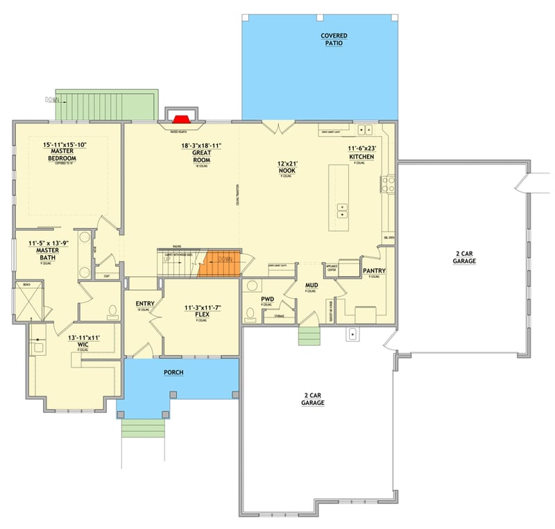 Plan 849058PGE: 4-Bedroom Craftsman Farmhouse Plan with First Floor Master Suite - Floor Plan - Main Level - Craftsman, Farmhouse, Traditional