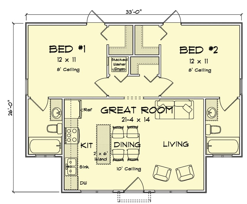 Plan 52516WM: Charming 798 Square Foot Country Cottage House Plan with Dual Suites - Floor Plan - Main Level - Cottage, Country