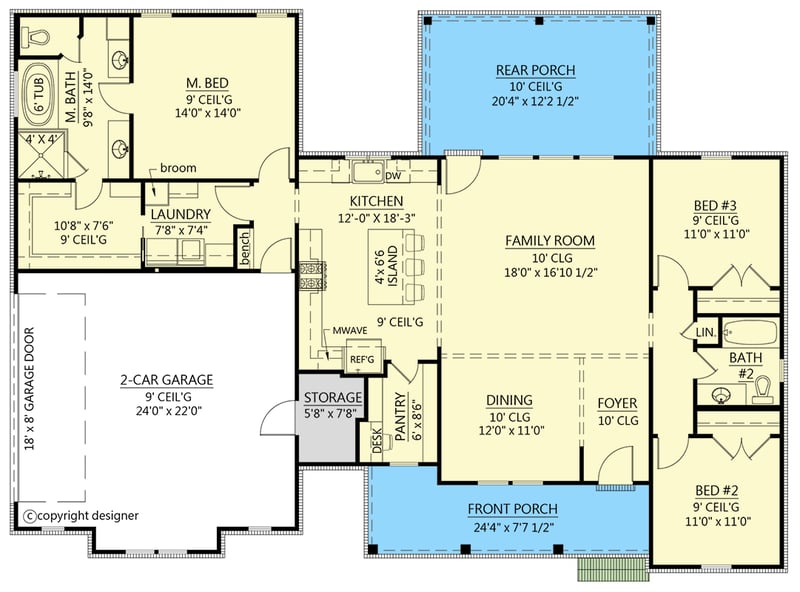 Plan 56567SM: 3-Bedroom Country Farmhouse House Plan with Large Rear Porch - Floor Plan - Main Level - Country, Farmhouse, Southern