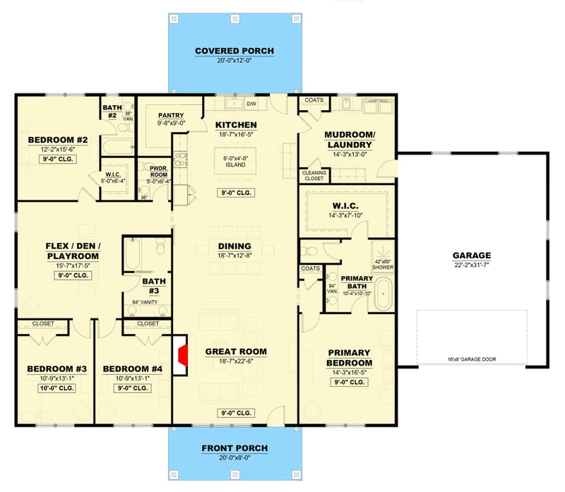 Plan 810057RBT: Modern Farmhouse Plan: 4 Beds, Split Layout, Private Workshop - Floor Plan - Main Level with Front Garage ($ Paid Option) - Country, Farmhouse, Modern Farmhouse, Ranch, Traditional