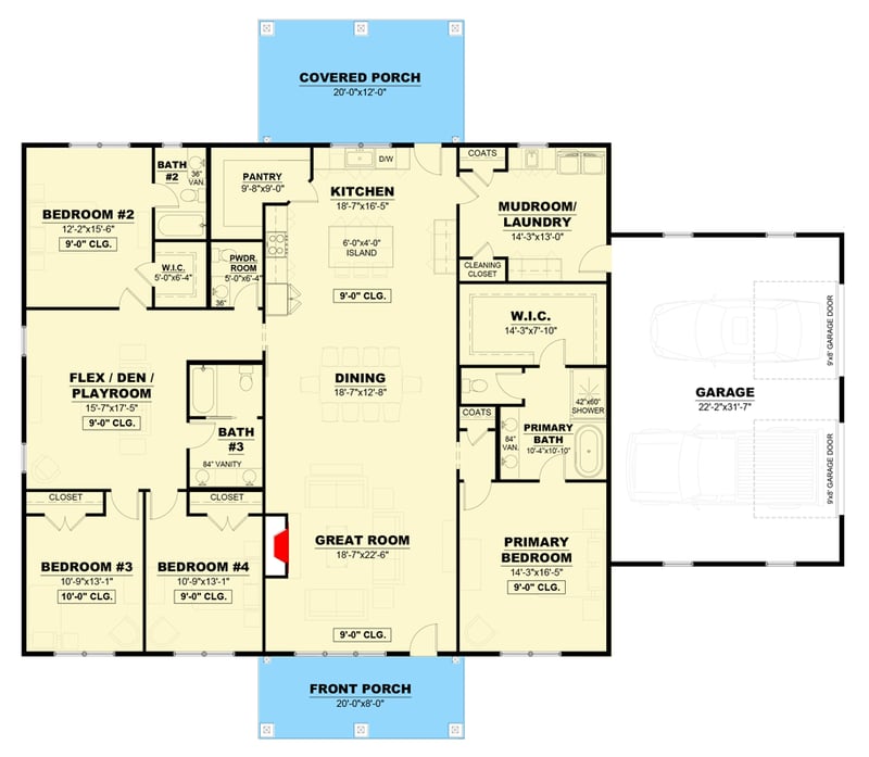Plan 810057RBT: Modern Farmhouse Plan: 4 Beds, Split Layout, Private Workshop - Floor Plan - Main Level with Side Garage - Country, Farmhouse, Modern Farmhouse, Ranch, Traditional
