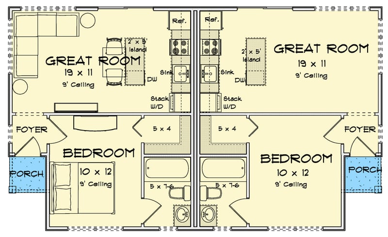 Plan 52522WM: Two-Bedroom Cottage Duplex House Plan with Open Living - Floor Plan - Main Level - Cottage, Traditional