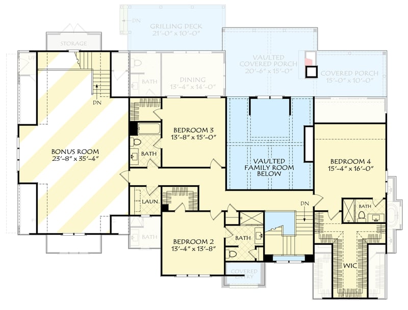 Plan 710447BTZ: Transitional Modern Farmhouse House Plan with Two-Story Great Room - Floor Plan - Upper Level with Optional Finished Bonus Room - Modern Farmhouse, Southern Traditional, Traditional, Transitional