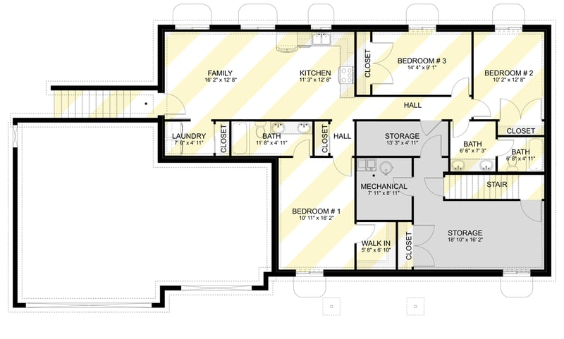 Plan 61733UT: Two Bedroom Craftsman Ranch House Plan with Spacious Three Car Garage - Floor Plan - Optional Finished Basement Level - Craftsman, Ranch, Traditional