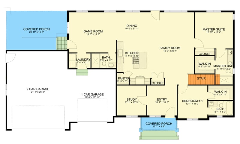 Plan 61733UT: Two Bedroom Craftsman Ranch House Plan with Spacious Three Car Garage - Floor Plan - Main Level - Craftsman, Ranch, Traditional
