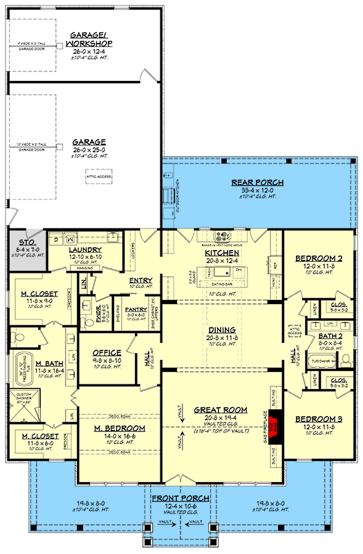 Plan 52031HZ: Single Story Modern Farmhouse House Plan with 3-Car Garage and Workshop - Floor Plan - Main Level - Farmhouse, Modern Farmhouse, Southern