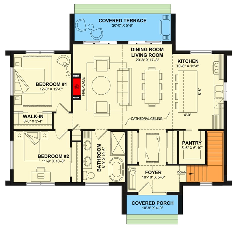 Plan 22742DR: Contemporary 2-Bedroom Mountain House Plan with Cathedral Ceilings - Floor Plan - Main Level - Contemporary, Modern, Mountain, Scandinavian