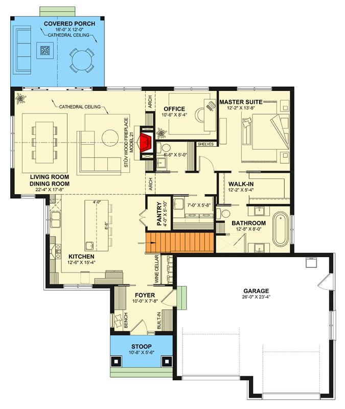 Plan 22745DR: Transitional Country Cottage with Two-Car garage and Home Office - Floor Plan - Main Level - Cottage, Country, New American, Transitional