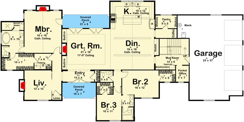 Plan 623606DJ: Elegant Transitional House Plan with 4 Bedrooms and 3-Car Garage - Floor Plan - Main Level - Transitional