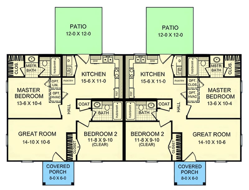Plan 51368MM: Country Duplex House Plan with 4 Beds and Split Layouts - Floor Plan - Main Level - Country, Ranch, Traditional