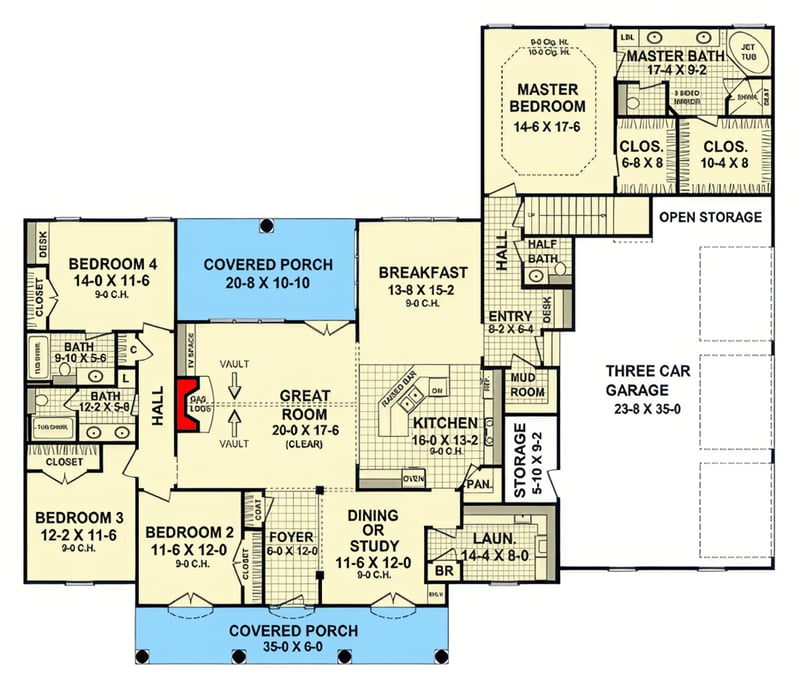 Plan 51373MM: Modern Farmhouse House Plan with Four Bedrooms and Three Car Garage - Floor Plan - Main Level - Country, Modern Farmhouse, Southern, Traditional