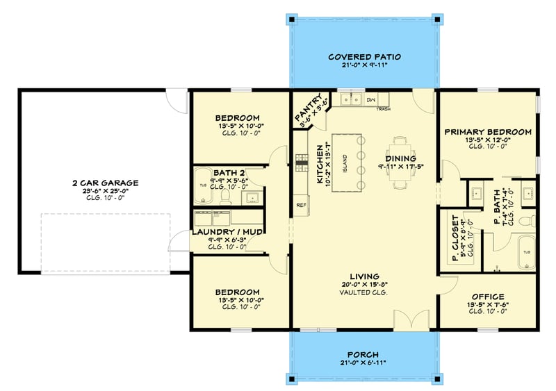 Plan 850024PKE: Three Bedroom Modern Barndominium House Plan with Dedicated Home Office - Floor Plan - Main Level - Barndominium, Modern Farmhouse