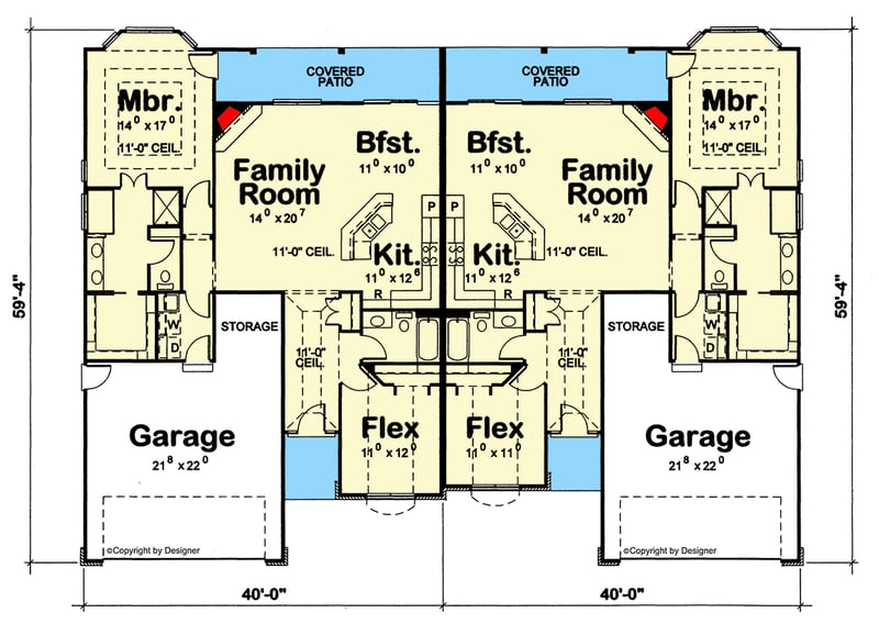 Plan 42739DB: Spacious Traditional Ranch Duplex House Plan with 4 Bedrooms and 4-Car Garage - Floor Plan - Main Level - Ranch, Traditional