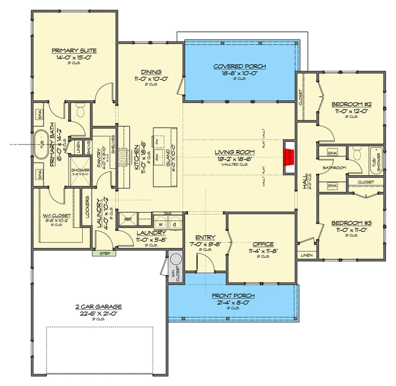Plan 820013WSF: Three Bedroom Modern Farmhouse House Plan with Vaulted Living Room - Floor Plan - Main Level - Cottage, Modern Farmhouse, Southern, Traditional