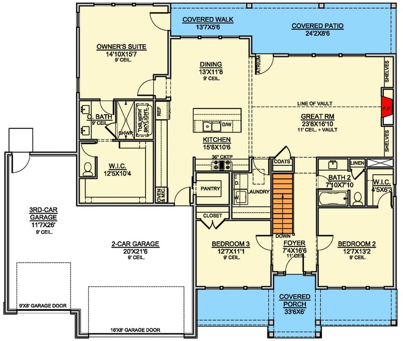 Plan 370053SEN: New American House Plan with 3 Bedrooms and 3-Car Garage - Floor Plan - Main Level - Country, Craftsman, Modern Farmhouse, Mountain, New American
