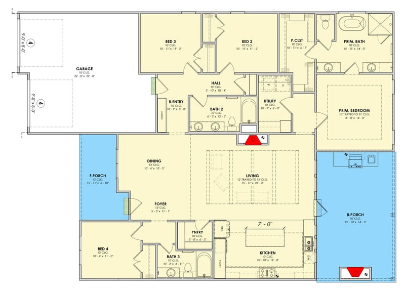 Plan 185026PHD: Single Story Acadian House Plan with 4 Bedrooms and Outdoor Kitchen - Floor Plan - Main Level - Acadian, Southern Traditional, Transitional