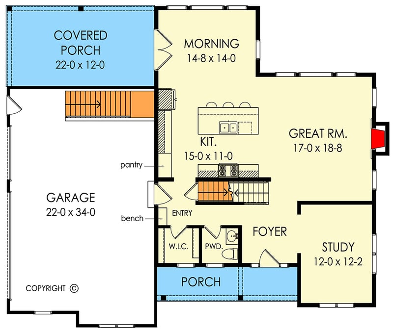 Plan 790181GLV: Charming Country Craftsman House Plan with 3 Beds and Bonus Room - Floor Plan - Main Level - Country, Craftsman, Farmhouse, Modern Farmhouse, New American, Traditional