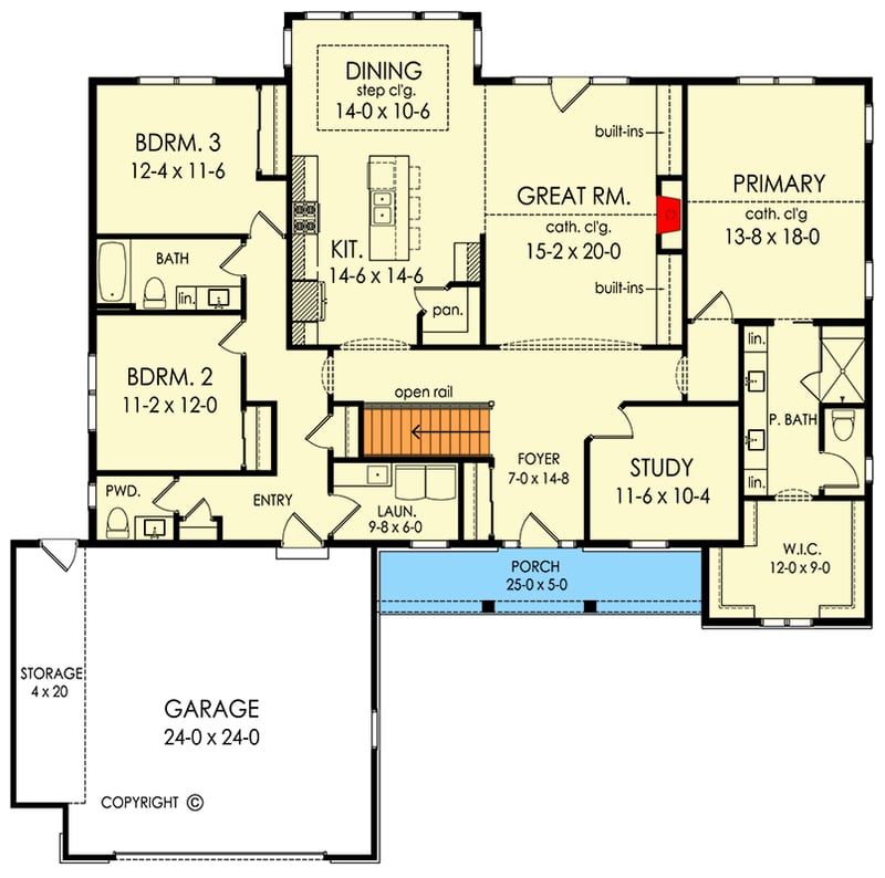 Plan 790182GLV: Charming 3-Bedroom Farmhouse House Plan with 2313 Sq Ft and Study - Floor Plan - Main Level - Country, Farmhouse, Traditional