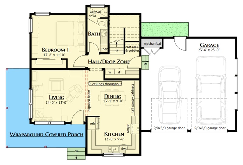 Plan 180023VNW: Modern Farmhouse House Plan with 3 Beds and Wrap-Around Porch - Floor Plan - Main Level - Country, Modern Farmhouse